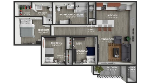 Floor plan for 3 beds, 2 baths, 1107 sqft